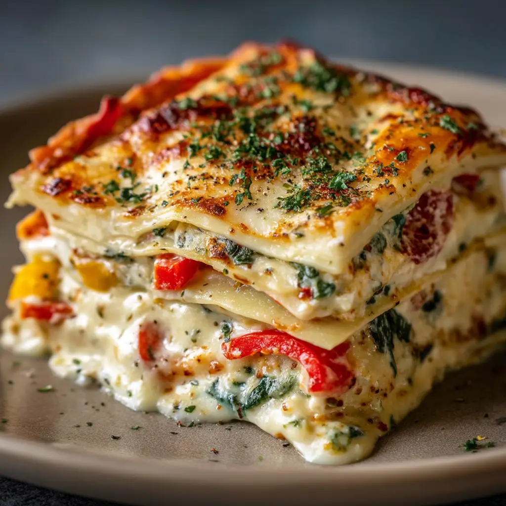 An extreme close-up of a slice of cheesy vegetable lasagna with white sauce, showcasing the perfectly melted mozzarella and herbs on top.