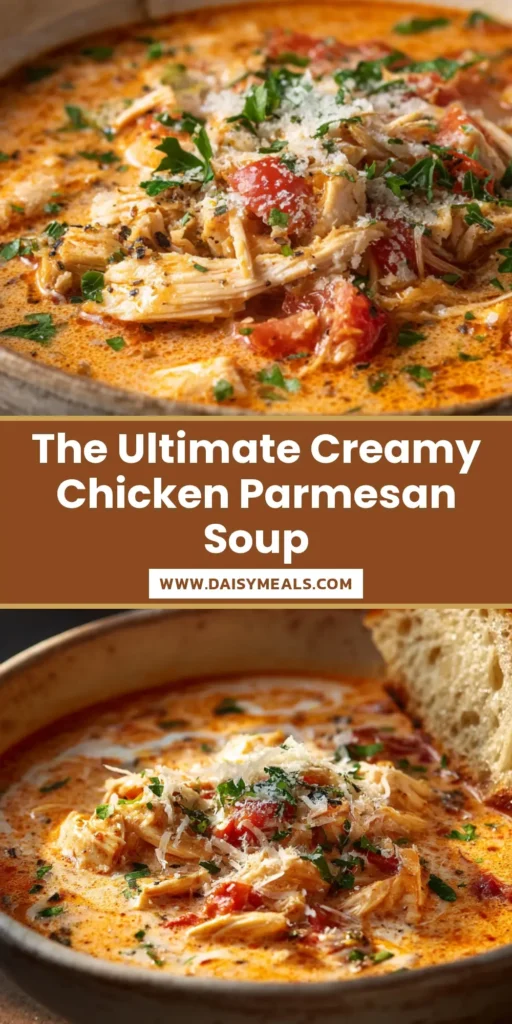 A bowl of rich and creamy Chicken Parmesan Soup, topped with melted mozzarella cheese, golden croutons, and fresh basil. A spoon is lifting a bite out, showing the tender chicken and tomato broth.