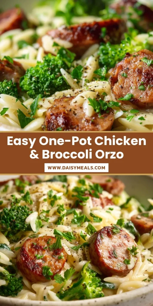Chicken Sausage and Broccoli Orzo (The 25-Minute One-Pan Wonder) 4 A top-down view of a skillet full of delicious Chicken Sausage and Broccoli Orzo, garnished with fresh parmesan cheese. This one-pan orzo recipe is the perfect easy weeknight dinner.
