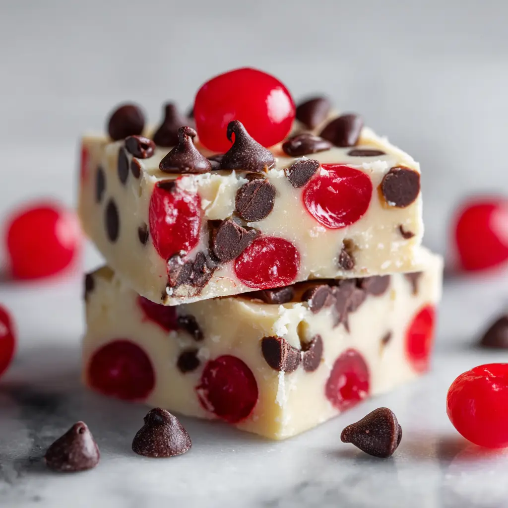 A close-up view of two squares of chocolate cherry fudge, highlighting the creamy texture and studded with pieces of dried cherry.