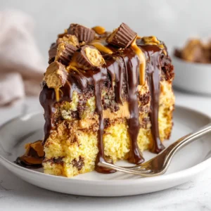 A close-up slice of chocolate peanut butter dump cake on a plate, served with a scoop of vanilla ice cream.
