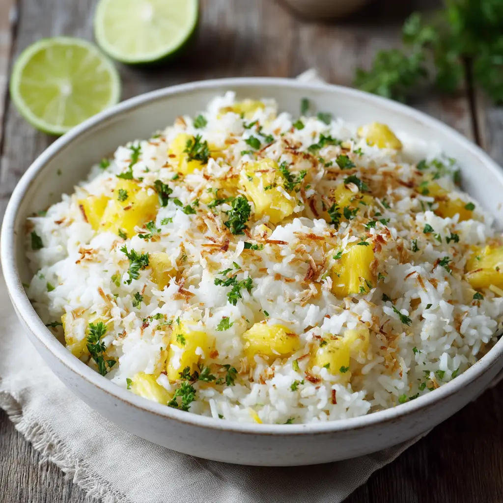 Coconut Pineapple Rice: Your Ultimate Tropical Side Dish 1 An overhead view of the ingredients for the tropical rice side dish, including jasmine rice, a can of coconut milk, and pineapple chunks.