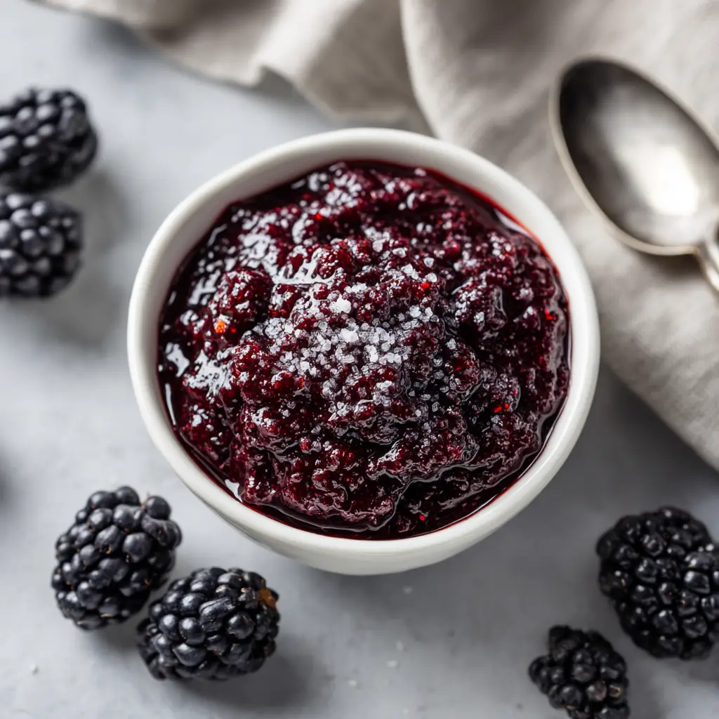 Thick, bubbling homemade blackberry jam cooking in a large pot on the stove.