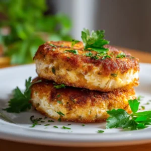 Two golden-brown cottage cheese tuna patties sizzling in a hot skillet, showcasing their crispy texture.