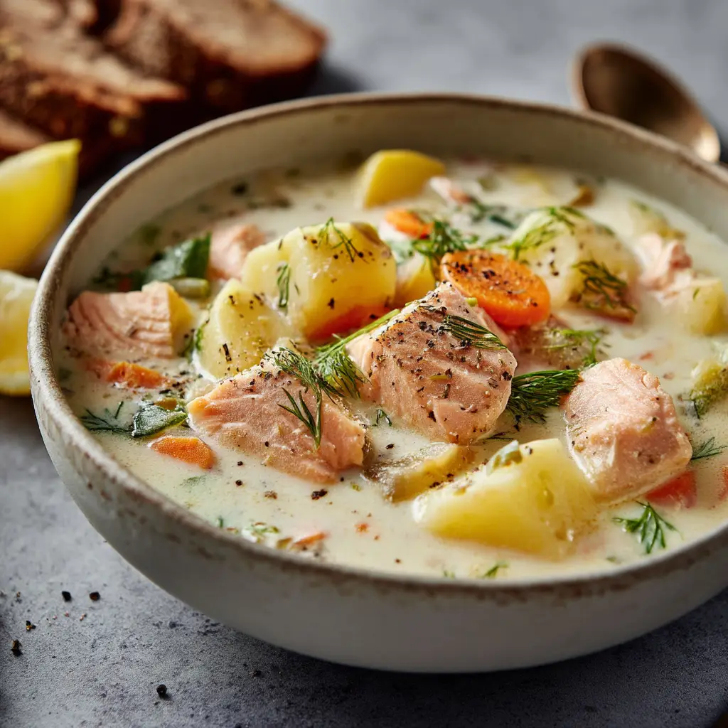 A pot of salmon chowder simmering on the stove, showing the creamy base with pieces of salmon, corn, and carrots.