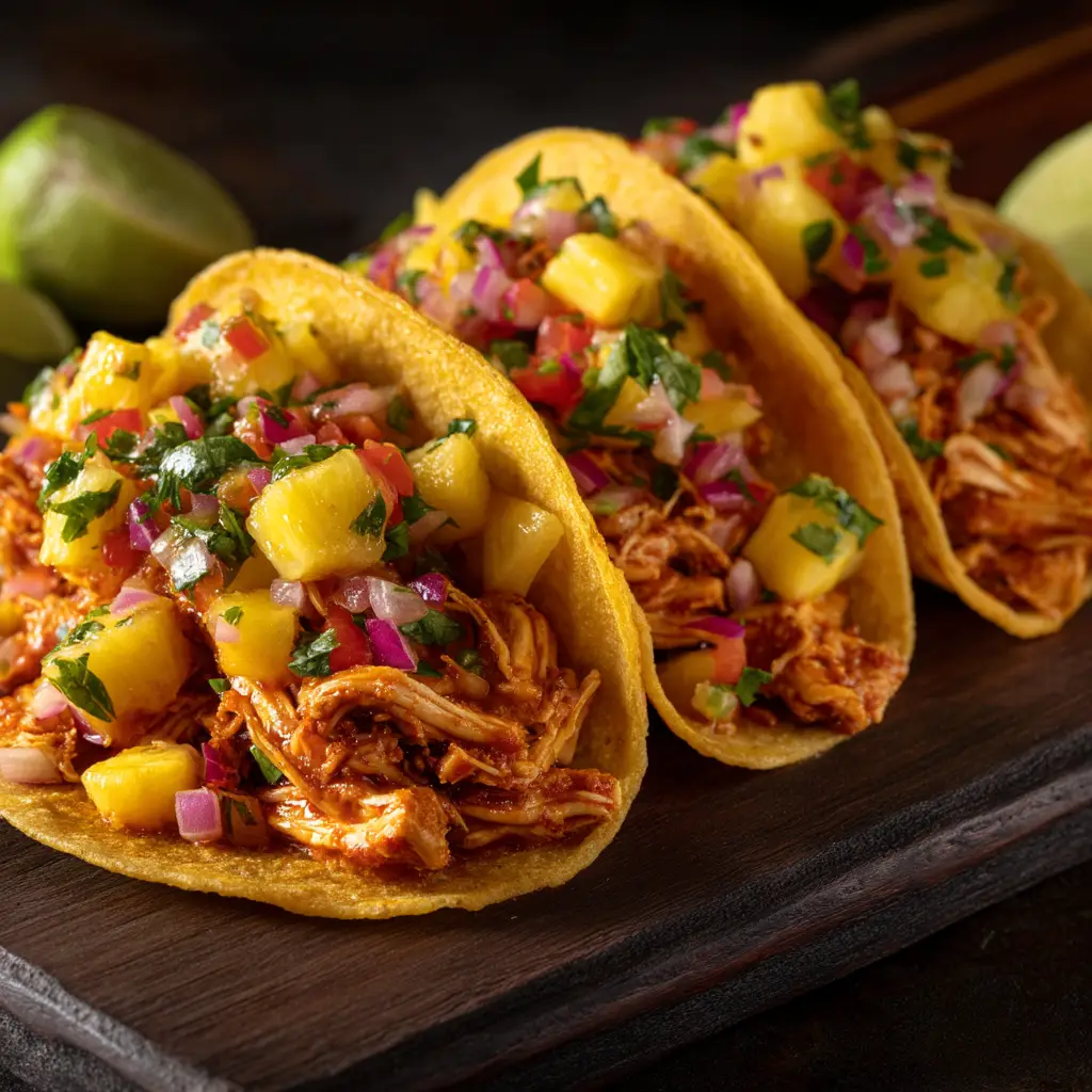 A close-up shot of spicy chicken being cooked in a skillet for pineapple chicken tacos, showing the char and seasoning.