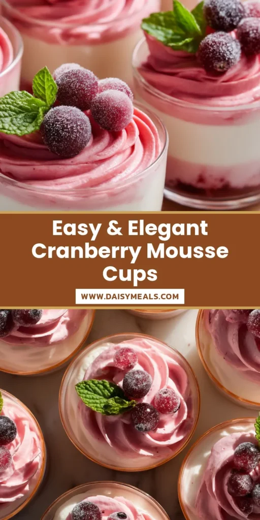 A close-up of festive Cranberry Mousse Cups, garnished with sugared cranberries and a sprig of mint. The perfect easy holiday dessert recipe.