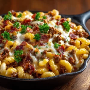 An extreme close-up of cheesy ground beef pasta, showing the rich texture of the cheddar cheese sauce mixed with ground beef and pasta shells.