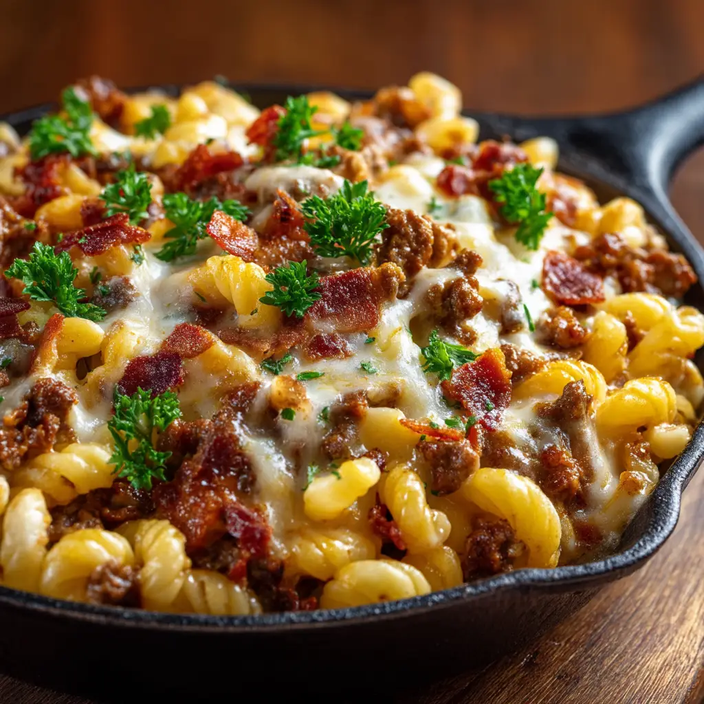 An extreme close-up of cheesy ground beef pasta, showing the rich texture of the cheddar cheese sauce mixed with ground beef and pasta shells.