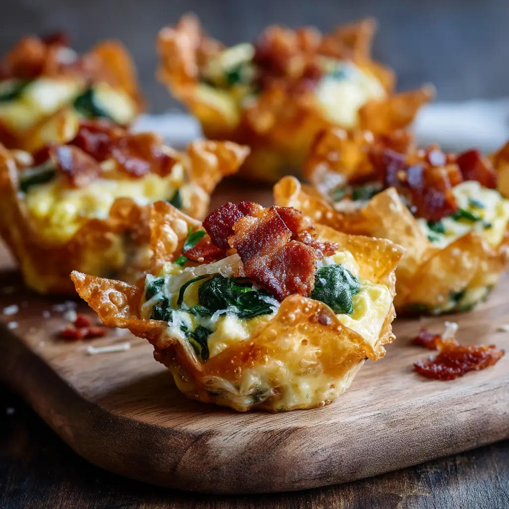 A savory baked egg bite cup with bacon and spinach, shown up close to highlight its creamy texture and golden-brown top. A perfect low-carb breakfast.