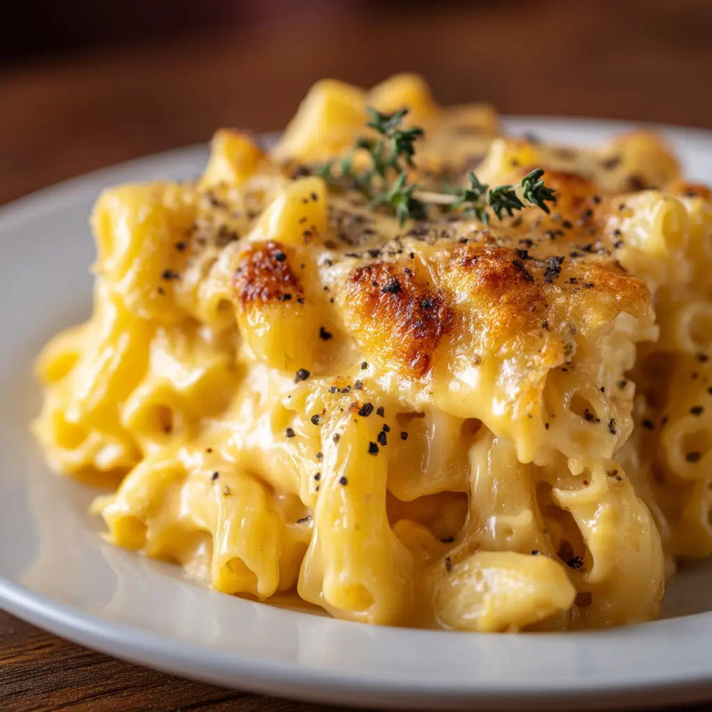 A delicious serving of homemade creamy mac and cheese on a plate, ready to be eaten.