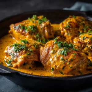 A close-up shot of creamy Cajun butter chicken thighs simmering in a rich, orange-hued sauce in a slow cooker.