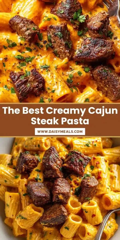 A close-up shot of a white bowl filled with creamy Cajun steak pasta, garnished with fresh parsley.