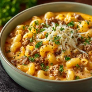 An extreme close-up of a spoonful of creamy cheeseburger soup, showing the texture of the ground beef, macaroni, and cheesy broth.