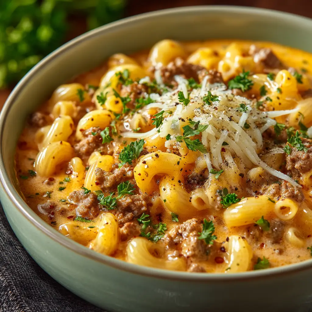 Cheeseburger Macaroni Soup: The Ultimate One-Pot Comfort Meal 2 An extreme close-up of a spoonful of creamy cheeseburger soup, showing the texture of the ground beef, macaroni, and cheesy broth.