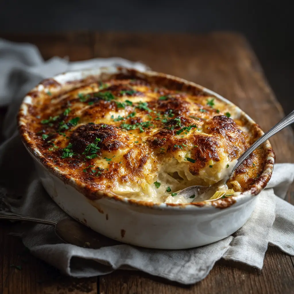 A serving of creamy cabbage casserole on a plate, showcasing the tender layers of cabbage and rich cheese sauce of the Cheesy Cabbage Gratin.