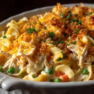 A close-up scoop of creamy chicken noodle casserole on a spoon, showing the tender chicken, peas, and noodles in a rich sauce.