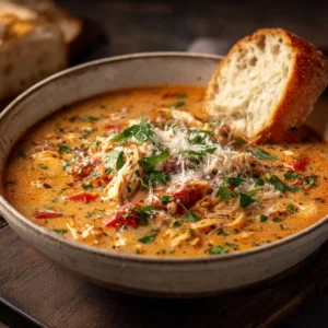A close-up overhead shot of a rustic white bowl filled with creamy Chicken Parmesan Soup, highlighting the vibrant red tomato base and tender chunks of chicken.