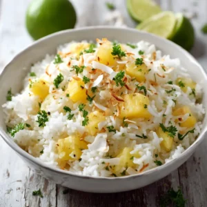 A close-up shot of a spoonful of creamy coconut pineapple rice, showing the fluffy texture of the jasmine rice and a juicy piece of pineapple.