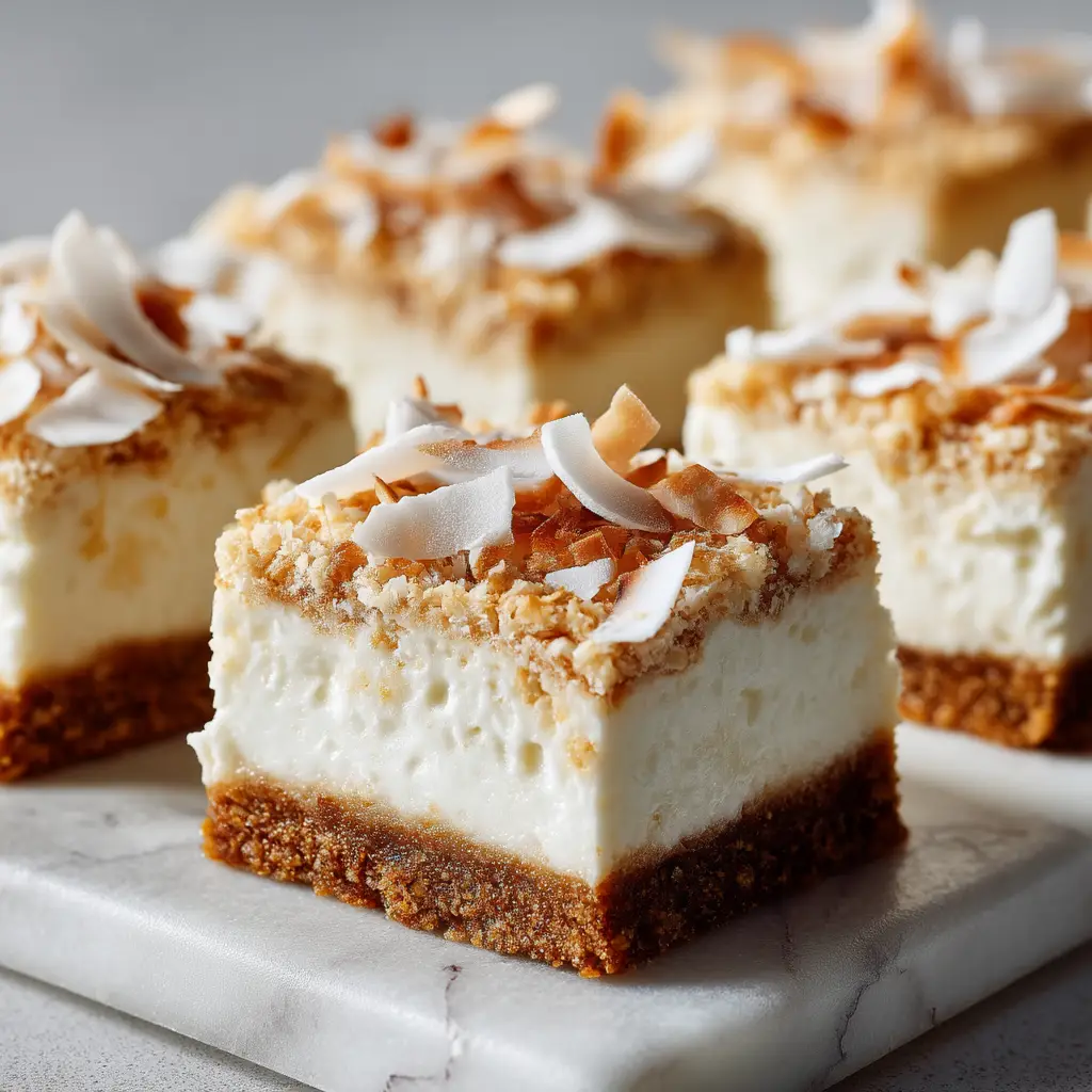 A close-up shot of creamy coconut rum bars cut into squares, showing the rich, textured filling and buttery graham cracker crust.