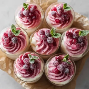 An overhead shot of several elegant glass dessert cups filled with creamy pink cranberry mousse, ready to be served for a festive occasion.