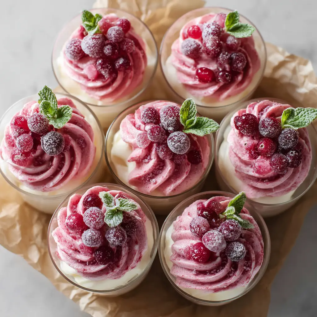 An overhead shot of several elegant glass dessert cups filled with creamy pink cranberry mousse, ready to be served for a festive occasion.