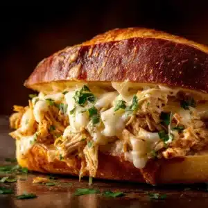A close-up shot of creamy shredded parmesan garlic chicken in a slow cooker, ready to be served in sandwiches.