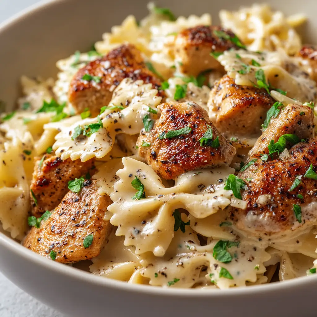 A close-up shot of a fork twirling fettuccine coated in a creamy, dairy-free alfredo sauce with pieces of seasoned chicken.