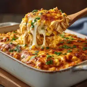 A close-up shot of the creamy elote chicken casserole, showing the texture of the melted cheese, corn, and shredded chicken.