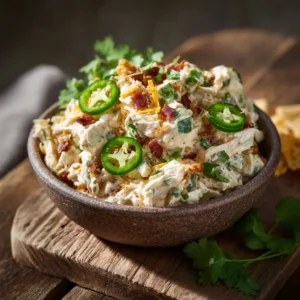 A close-up shot of creamy jalapeno chicken salad, showing the texture of shredded chicken, cheese, and diced jalapenos.