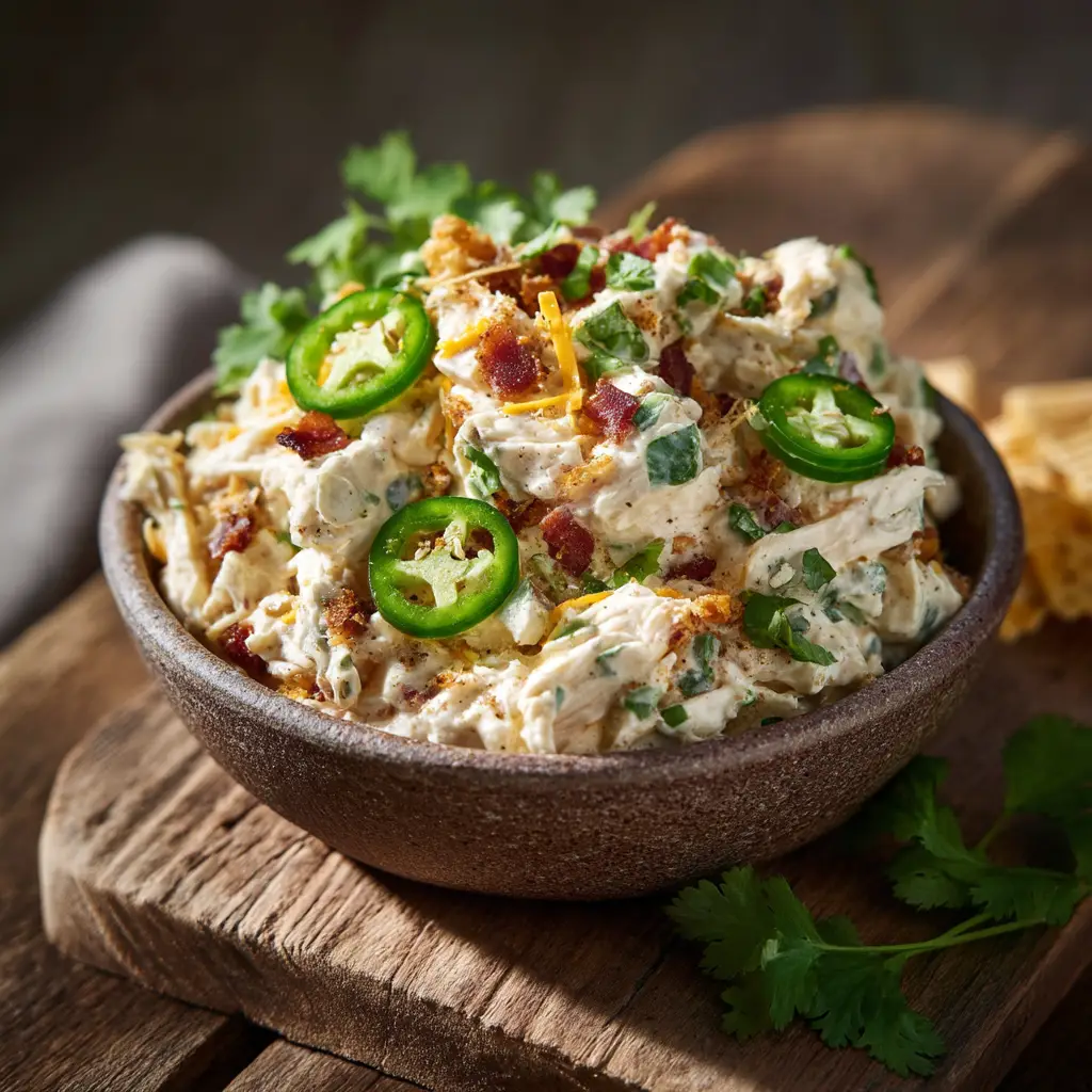 A close-up shot of creamy jalapeno chicken salad, showing the texture of shredded chicken, cheese, and diced jalapenos.