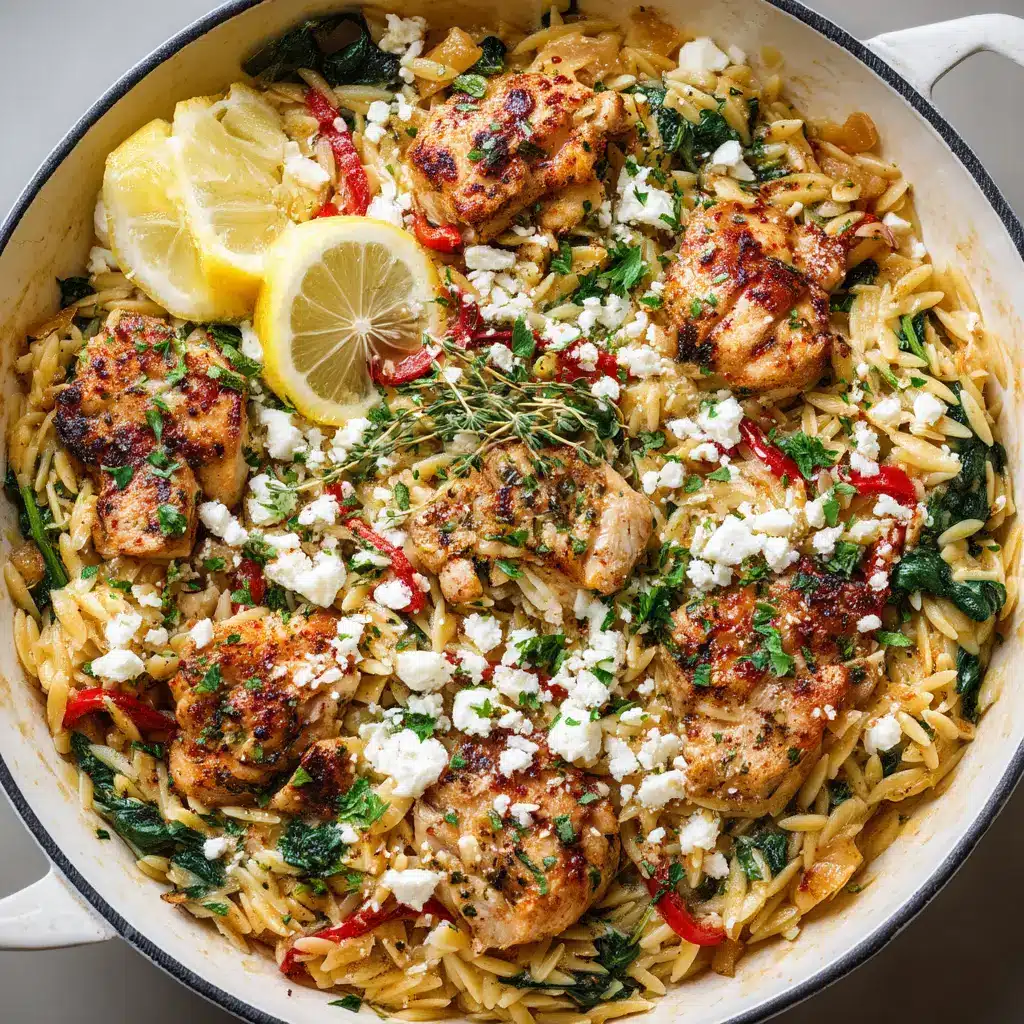 A close-up view of the creamy feta orzo and tender chicken pieces in a white enamel skillet, highlighting the texture of the Mediterranean chicken recipe.