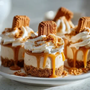 A close-up view of a single no-bake Biscoff cheesecake, showcasing the creamy texture of the cookie butter filling and the crumbly crust.