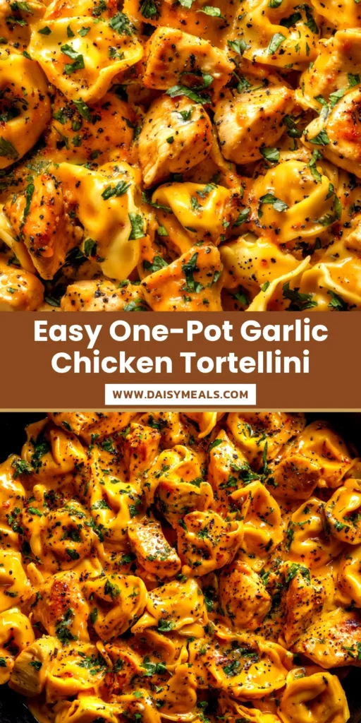 A large white bowl filled with creamy one-pot chicken tortellini, showing tender chicken, cheesy pasta, and wilted spinach in a rich sauce. A fork rests on the side.