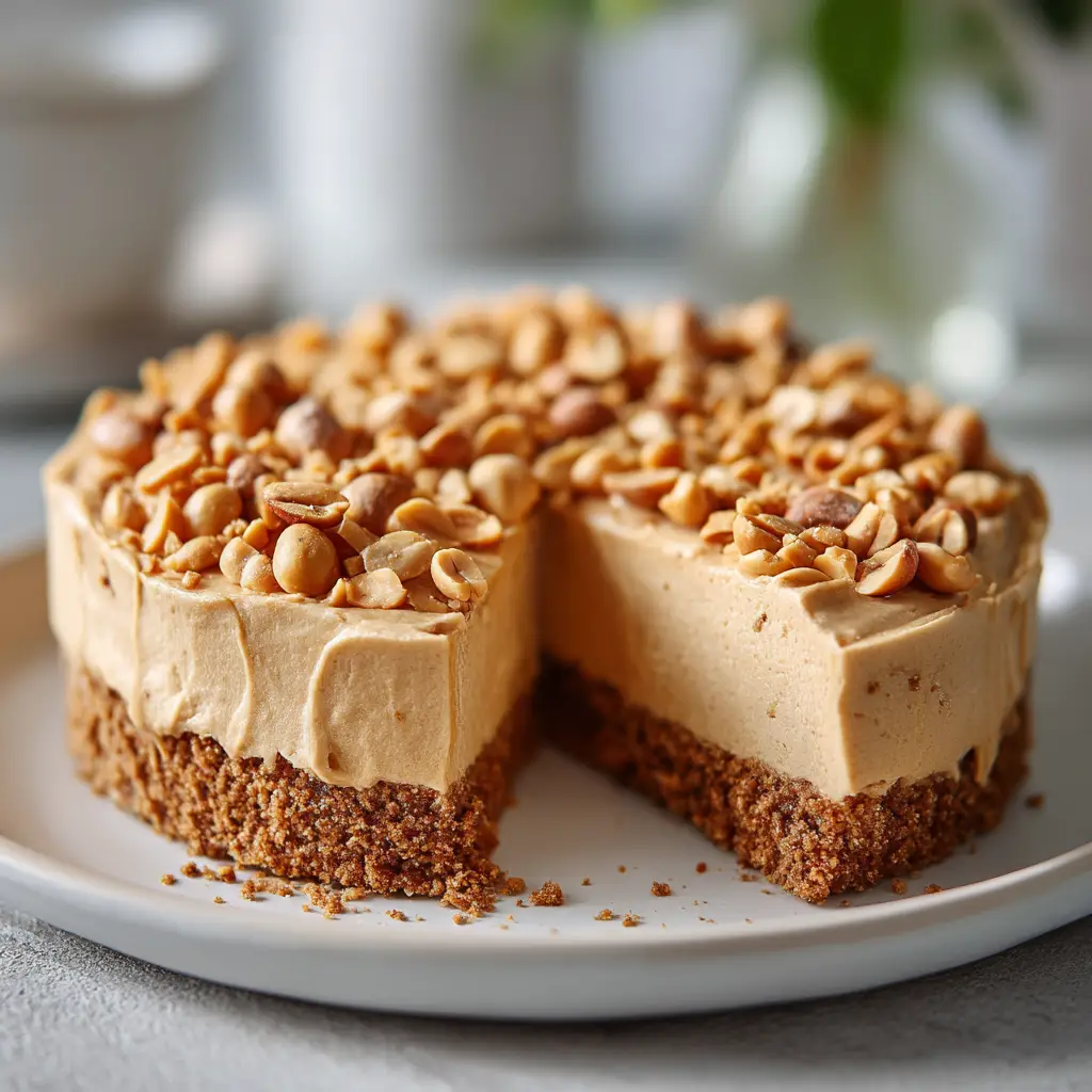 A close-up of the creamy peanut butter frosting being spread on the cake, showing its smooth texture.