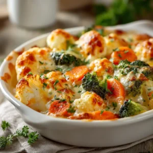 A scoop of creamy root vegetable bake being lifted from a casserole dish, showing the layers of tender vegetables and rich cheese sauce.