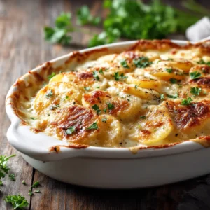A photorealistic close-up view of creamy homemade scalloped potatoes, showing the cheesy layers and tender potato slices.