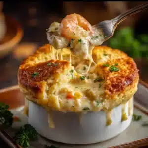 A single serving of creamy seafood pot pie scooped into a bowl, showing the shrimp, scallops, and vegetables in the rich sauce next to a piece of the biscuit topping.