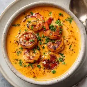 A bowl of rich and creamy shrimp bisque, garnished with fresh chives. This image showcases the final result of the easy shrimp bisque recipe.