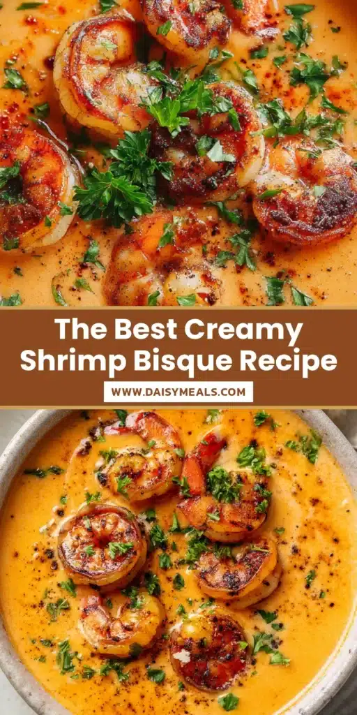 A stunning overhead shot of a bowl of creamy Shrimp Bisque, garnished with fresh herbs and whole shrimp. The perfect pin to showcase this rich and elegant soup recipe.