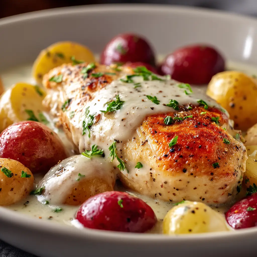 A close-up shot of the creamy garlic parmesan chicken and potatoes in a slow cooker, showcasing the rich texture of the sauce and the tender chunks of chicken.