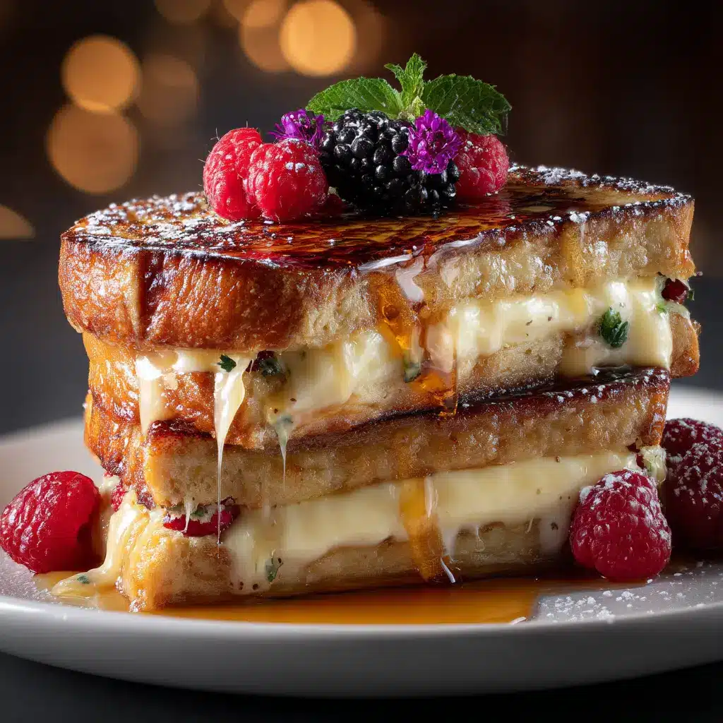 A beautiful overhead shot of the Crème Brûlée French Toast being served with fresh berries, highlighting the delicious contrast of colors and textures in this decadent breakfast recipe.