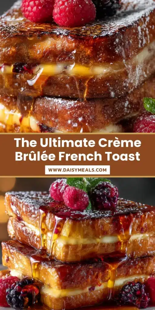 A close-up shot of a perfectly golden Crème Brûlée French Toast on a white plate, topped with fresh raspberries and a dusting of powdered sugar. The crackled, caramelized sugar topping is clearly visible.