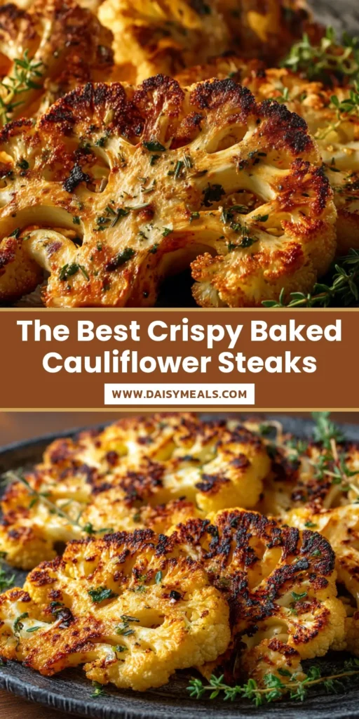 Crispy Baked Cauliflower Steaks with a golden parmesan panko crust served on a plate. A delicious and easy vegetarian recipe that's perfect for a healthy dinner.
