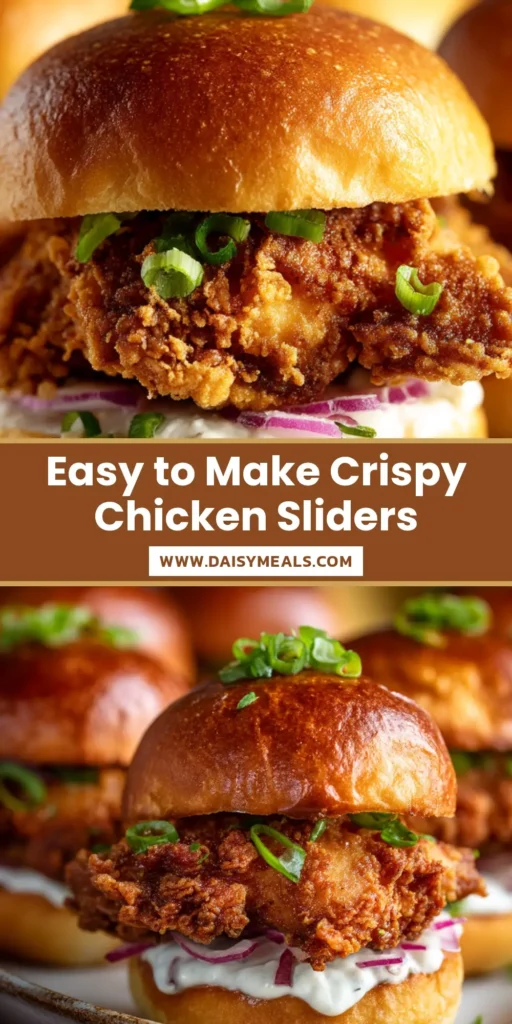 A platter of three Crispy Fried Chicken Sliders. Each slider features a golden-brown, crunchy piece of fried chicken topped with pickles and a creamy sauce, all nestled in a soft brioche bun. The background is a rustic wooden surface, perfect for a party or game day spread.
