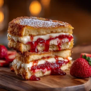 Two finished Fried Strawberry Cheesecake Sandwiches on a white plate, one cut open to reveal the rich, melted strawberry cheesecake inside.