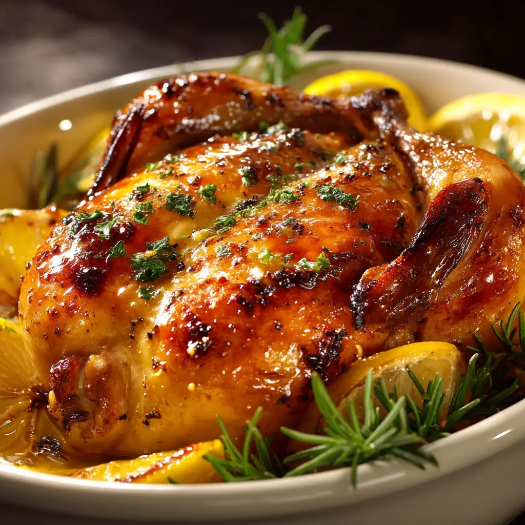 A perfectly cooked roasted Cornish hen fresh out of the oven, with glistening, crispy golden-brown skin and garnished with fresh herbs.
