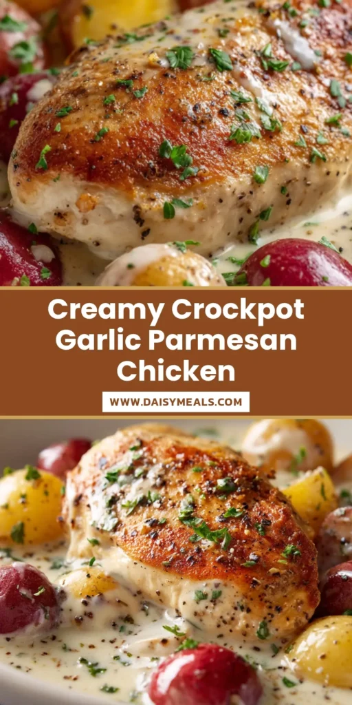 An overhead shot of Crockpot Garlic Parmesan Chicken and Potatoes in a white bowl, garnished with fresh parsley. The chicken is tender and coated in a creamy white sauce next to perfectly cooked potatoes.