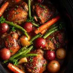 A close-up overhead view of tender honey garlic chicken thighs simmering in a rich, dark sauce within a slow cooker.