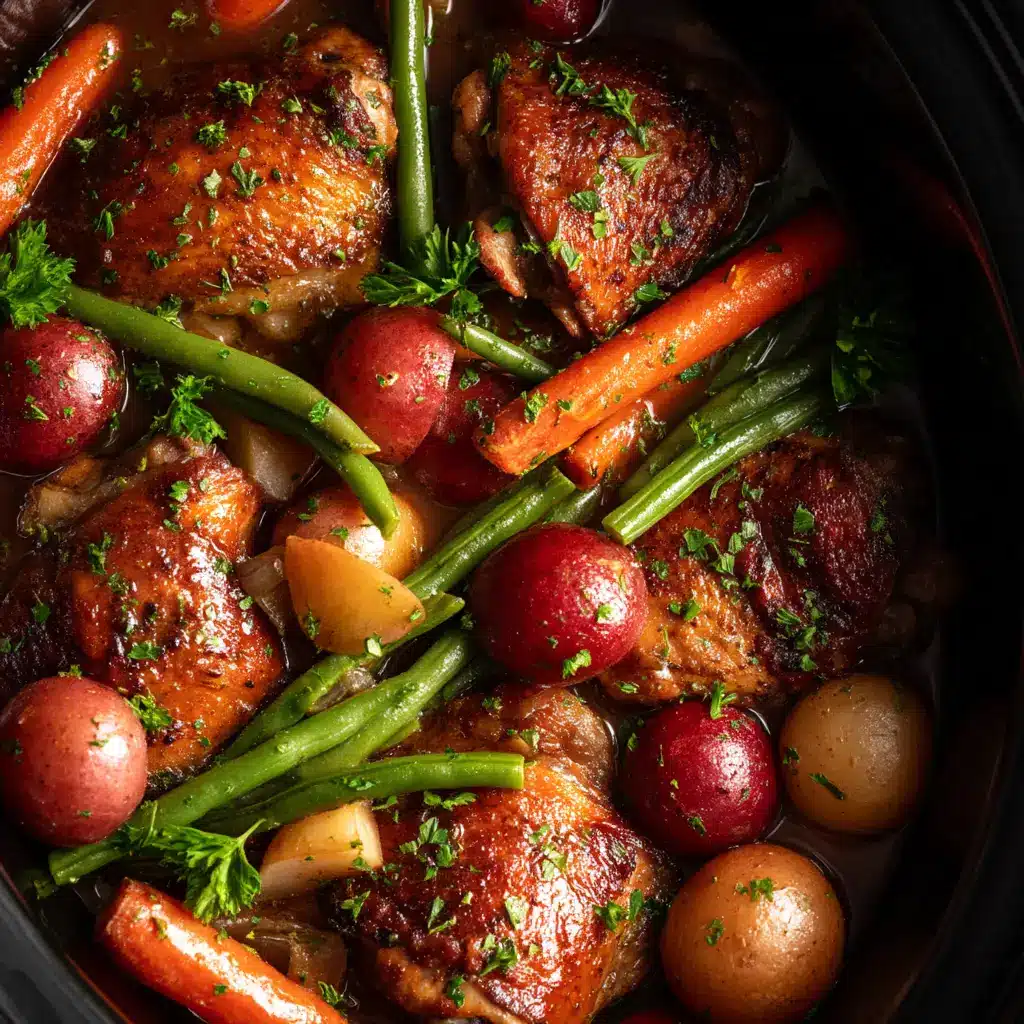 A close-up overhead view of tender honey garlic chicken thighs simmering in a rich, dark sauce within a slow cooker.
